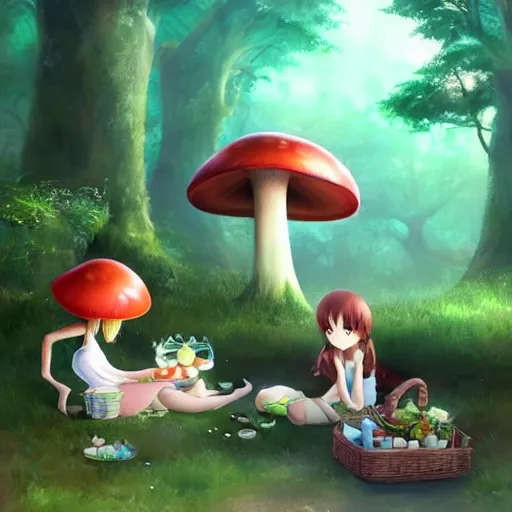 Image similar to a cute picnic in a mushroom forest. soft lighting, cgsociety masterpiece, artstation trending, studio ghibli, 4k, digital art, concept art