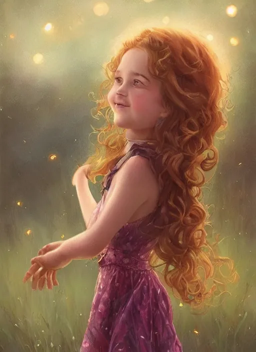 Prompt: A cute little girl with shoulder length curly brown hair with a happy expression wearing a summer dress dancing with fireflies, she is in the distance. beautiful fantasy art by Charlie Bowater.