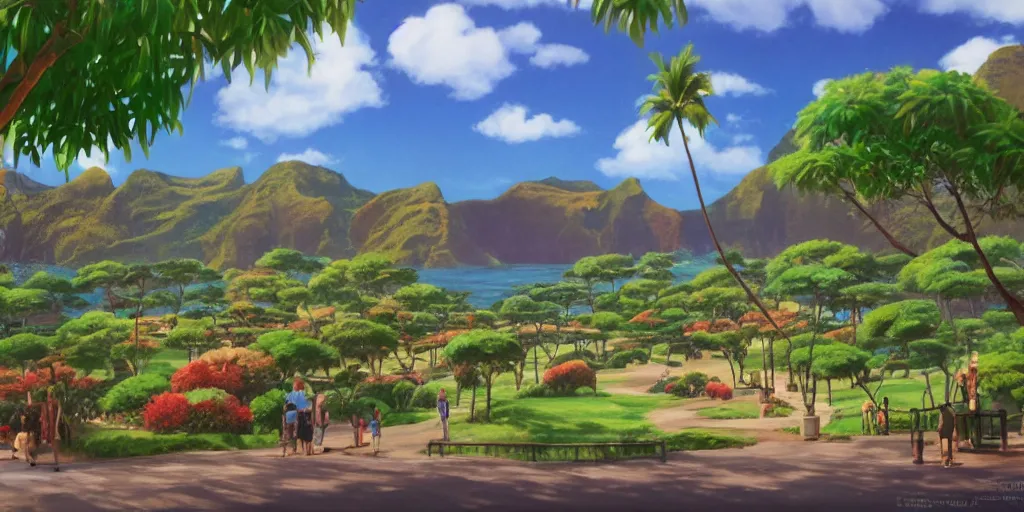 Image similar to background plate matte painting ghibli pixar dreamworks vista hawaii.