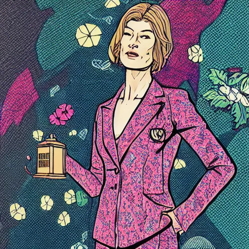 Image similar to rosamund pike with dark - hair as the doctor, wearing a colourful floral pattern three - piece suit, complementary colours, 2 d matte, graphic novel, art by laurie greasley and pepe larraz,