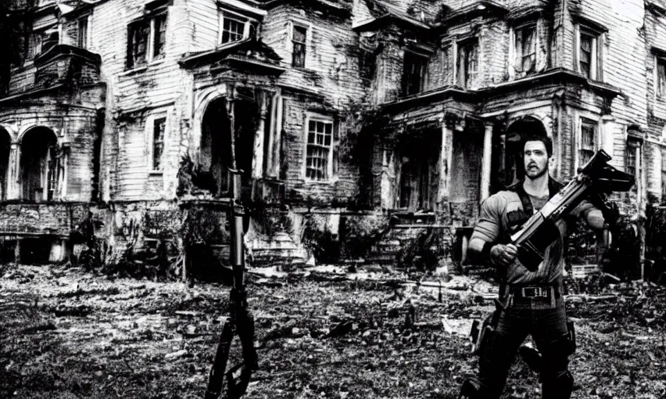 Prompt: 35mm film still, Resident evil, chris redfield in front of mansion, zombie, spooky, horror, old, dirty, reversal film stock