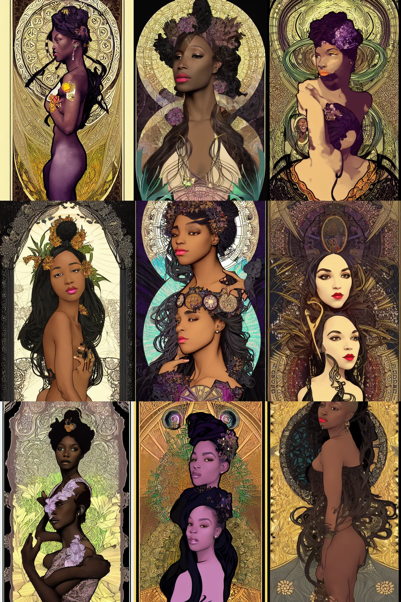 Prompt: african, queen of the black lily, portrait, border and embellishments inspired by alphonse mucha, fractals in the background, inspired by artgerm, character concept art