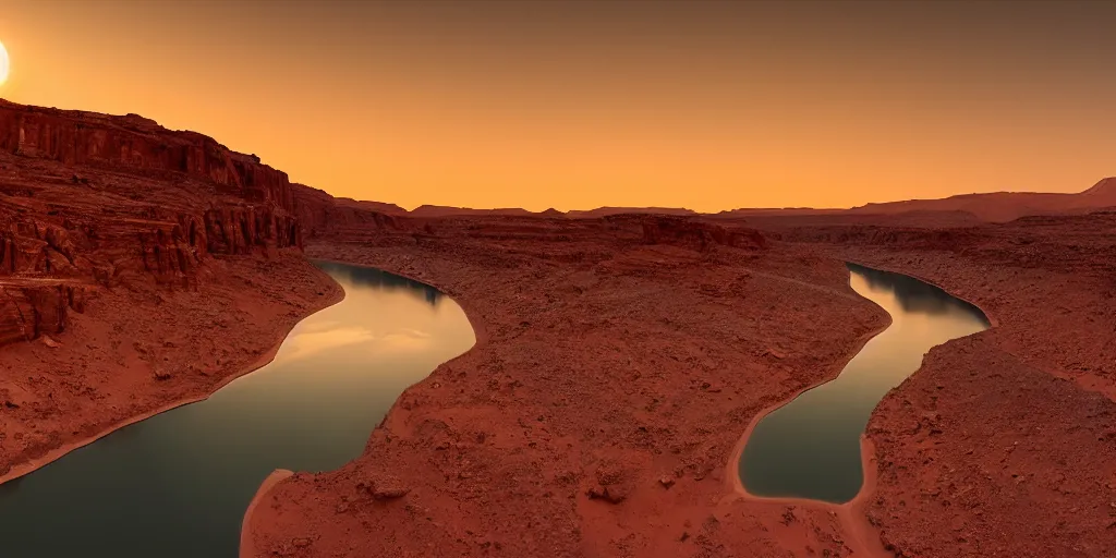 Image similar to a river bend running through a canyon surrounded by desert mountains at sunset on mars, planet mars, moab, utah, a tilt shift photo by frederic church, trending on unsplash, hudson river school, photo taken with provia, national geographic photo