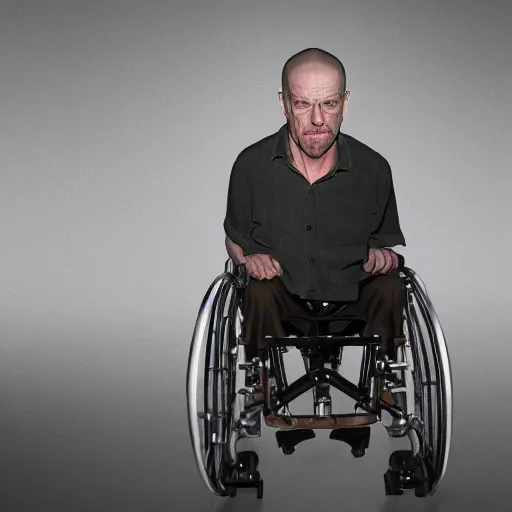 Prompt: flynn white from breaking bad unable roll his wheelchair upstairs, sharp focus, hyper realistic, sony 3 5 mm lens