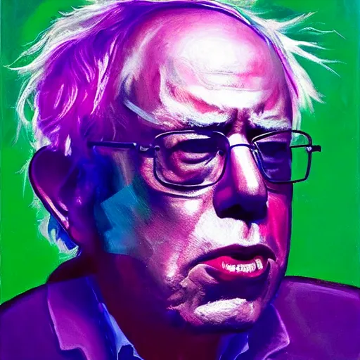 Image similar to bernie sanders like a dream, oil painting, cyberpunk, basquiat + francis bacon, elevated street art, fantasy lut, pink, blue, purple, green,