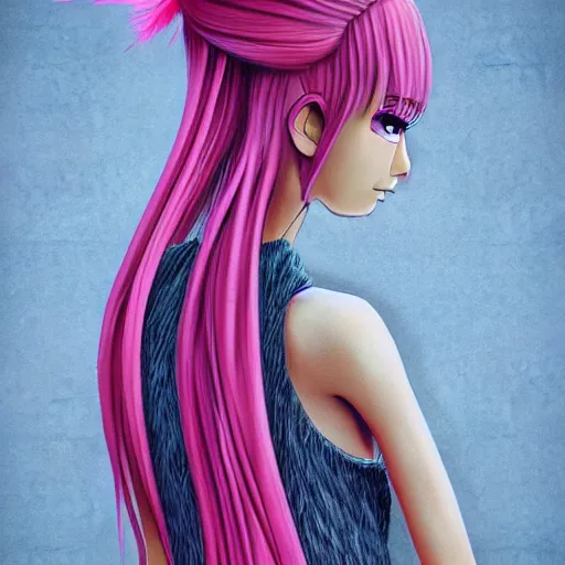 Image similar to girl with an eccentric pink haircut wearing an long dress made of feathers, full character, realistic art work, cgi, anime, 8 k, ultra hd, sketch anime