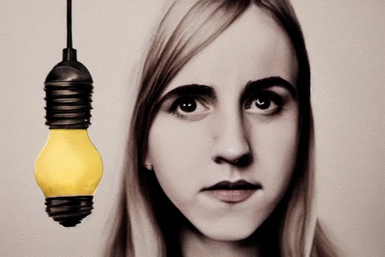 Prompt: a cinematic painting of a lightbulb with emma watsons face in it