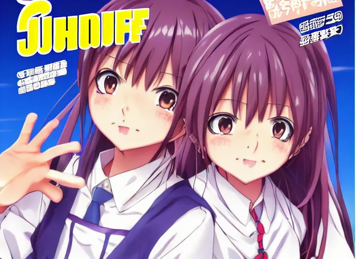 Image similar to ; weekly shonen jump issue 1 4, cover, 2 0 0 0 clannad shuffle toheart event'anime illustration japanese very very beautiful cute girls doing cute things trending on artstation pixiv makoto shinkai smiling super detailed eyes eyebrowless symmetry face visual novel hairpin star