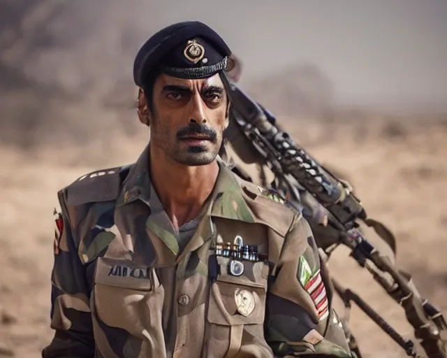 Image similar to a photo of arjun rampal as a soldier of israel, hyper realistic face, beautiful eyes, cinematic, long shot, hyper detailed, 8 5 mm photograph, 8 k resolution, film still, sharp lens, wide lens