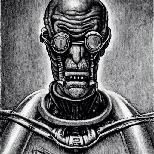 Image similar to professor farnsworth from futurama, painting, art by h. r. giger