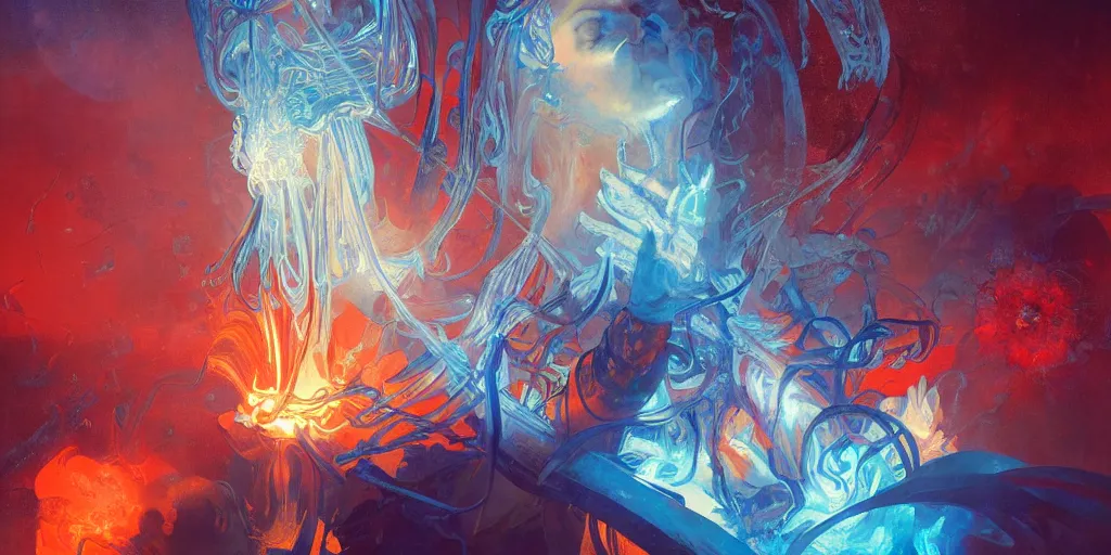 Image similar to arcs of blue flame intertwined with water, glinting particles of ice, dramatic lighting, steampunk, bright neon, holographic secret cyphers, red flowers, solar flares, intricate art by alphonse mucha and greg rutkowski