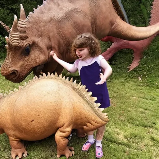 Prompt: a little girl with curly brown hair meeting a triceratops