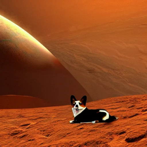 Image similar to corgi on mars concept art, ultra realistic, digital art, gothic, rich deep colors, smooth shadows, high resolution, cinematic