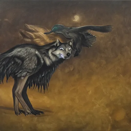 Prompt: the wolf and the raven, oil on canvas