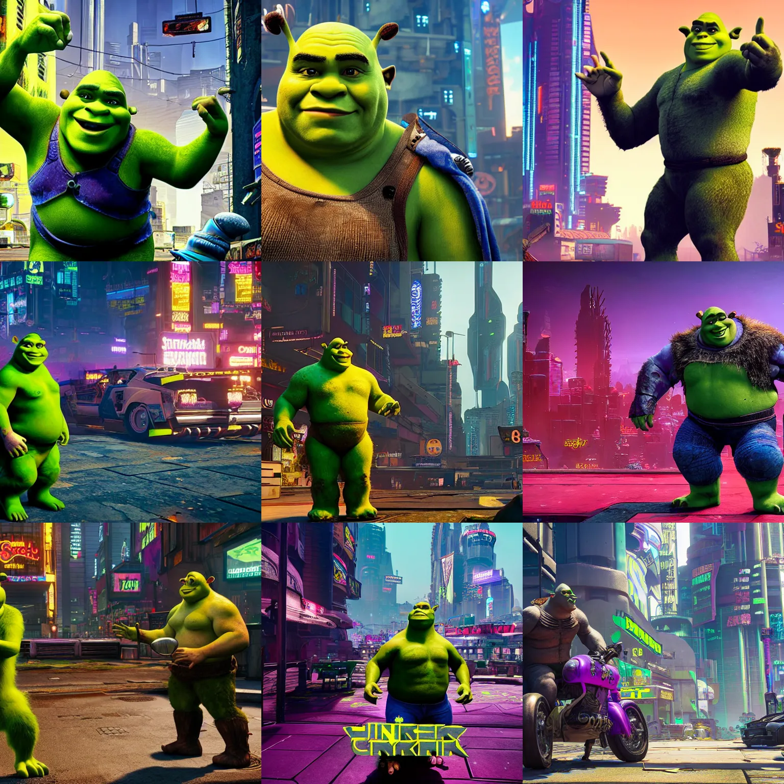 Prompt: shrek in cyberpunk 2077