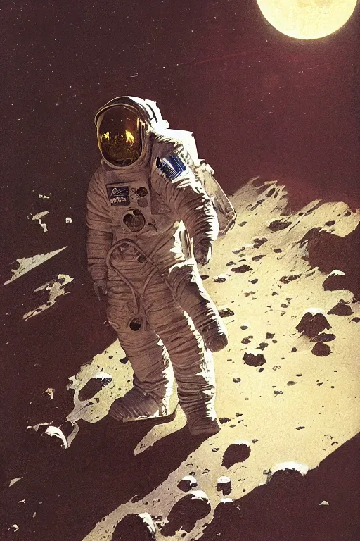 Image similar to fan astronaut stands on the surface of the moon, by norman rockwell, jack kirby, jon berkey, earle bergey, craig mullins, ruan jia, jeremy mann, tom lovell, marvel, astounding stories, 5 0 s pulp illustration, scifi, fantasy, artstation creature concept