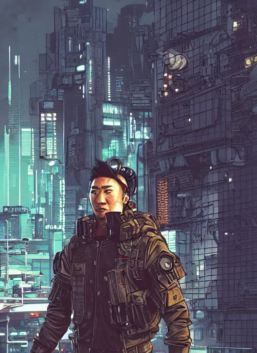 Prompt: Smug Hiro. nimble Japanese cyberpunk mercenary wearing a cyberpunk tactical headset and military vest. square face. Realistic Proportions. Concept art by James Gurney and Laurie Greasley. Moody Industrial skyline. ArtstationHQ. Creative character design for cyberpunk 2077.