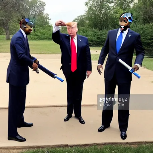 Image similar to photo of putin, trump and obama using water guns at each other