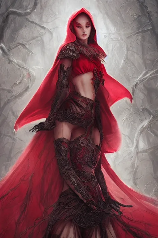 Image similar to Ethereal red riding hood, intricate detail, ornate, conceptual art, soft light, dynamic, art by artgerm