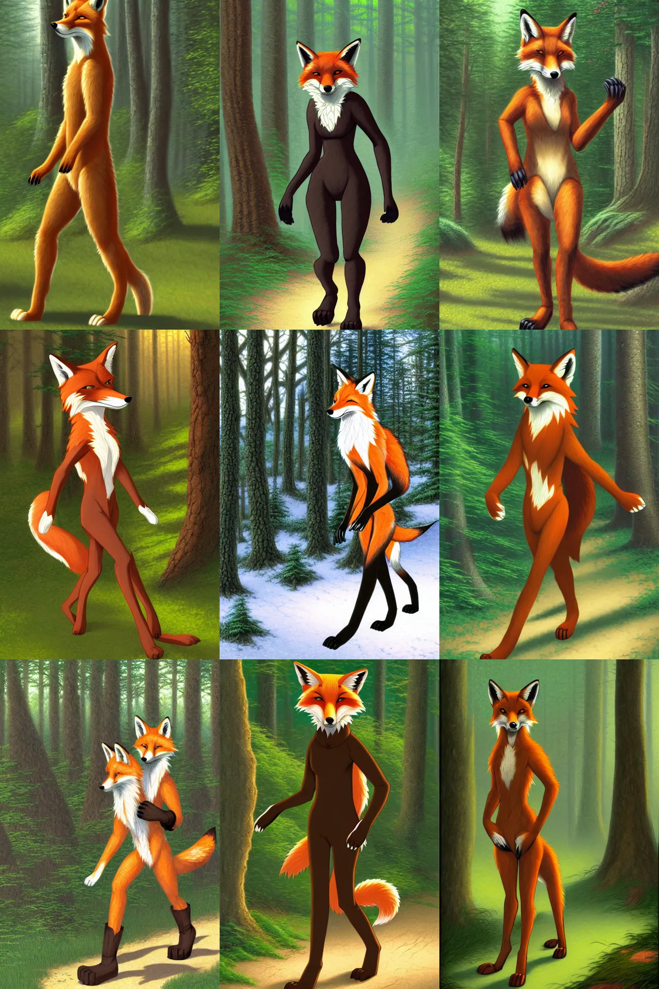 Prompt: anthro digitigrade natural - colored fox person with black paws, walking upright in a forest, hibbary, dark natasha, goldenwolf, thomas kinkade