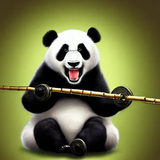 Image similar to a funny picture of a bodybuilder panda eating a bamboo, curling weights, digital art, high quality, detailed, artstation