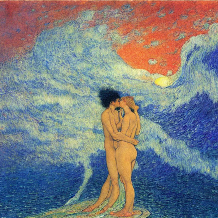 Image similar to close view of woman and man kissing at the edge of the ocean with tsunami great wave sun setting through the storm clouds. lapis - lazuli. iridescent, vivid psychedelic colors. painting by jean delville, ciurlionis mikalojus konstantinas, schiele, henri de toulouse - lautrec, utamaro, monet