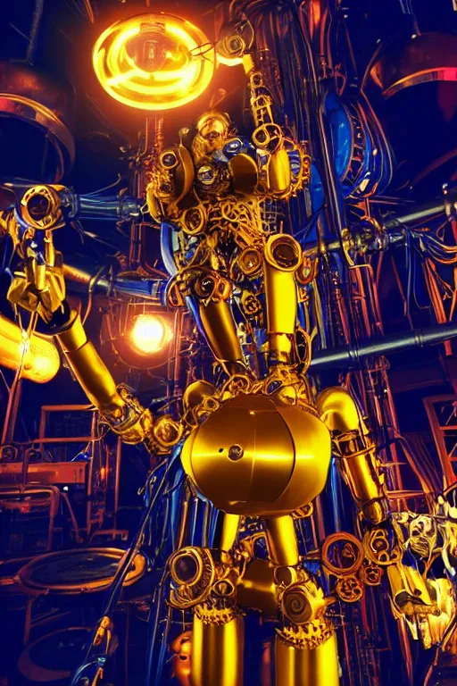 Image similar to portrait photo of a giant huge golden and blue metal humanoid steampunk cyborg female singer with gears and tubes, in the foreground is a big red glowing microphone, eyes are glowing red lightbulbs, shiny crisp finish, 3 d render, 8 k, insaneley detailed, fluorescent colors, background is multicolored lasershow