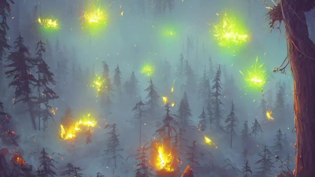 Image similar to large glowing flaming green crystal fragments falling from the sky, landing on top of a burning forest, by sylvain sarrailh, rossdraws, ambient light, ultra detailed, fantasy artwork, 8 k, volumetric lighting, trending on artstation, award winning, beautiful scenery, very beautiful.