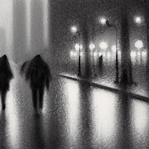 Prompt: charcoal drawn cityscape in the rain. Bridge, gas lamps, people walking