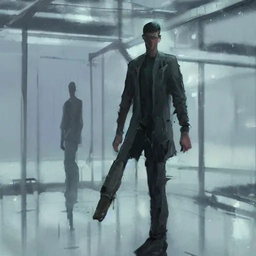 Image similar to concept art by greg rutkowski, a very tall and slender young man, dressed in patient clothes and an open sweatshirt, wandering through the desolate, futuristic, brutalist interior of a space colony, depressing atmosphere, low lighting, scifi, highly detailed portrait, digital painting, artstation, concept art, smooth, sharp foccus ilustration, artstation hq