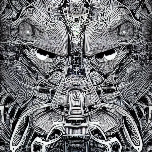 Image similar to Geometrically surreal Artificial Intelligence Robot extremely high detail, photorealistic, intricate line drawings, dotart, album art in the style of James Jean