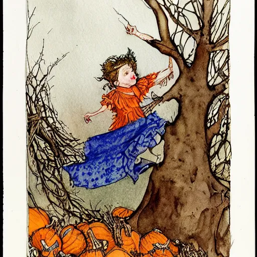 Image similar to a detailed, intricate watercolor and ink illustration with fine lines, of a young girl in a dress climbing a gnarled tree in a pumpkin patch, by arthur rackham and edmund dulac