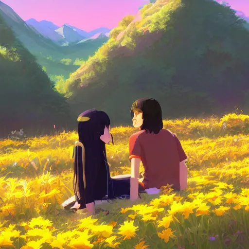 Image similar to one teen girl with long black hair and bangs, one teen boy with black hair, flower fields and mountains in the background, digital painting, artstation, highly detailed, by makoto shinkai and thomas kindle and James gilleard