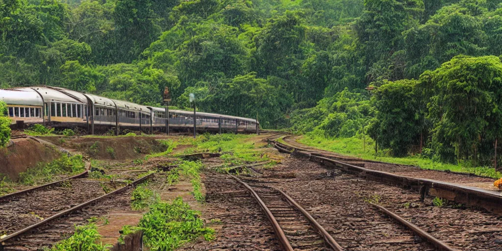 Prompt: abandoned sri lankan train station, cats, rain, mud, greenery, photograph