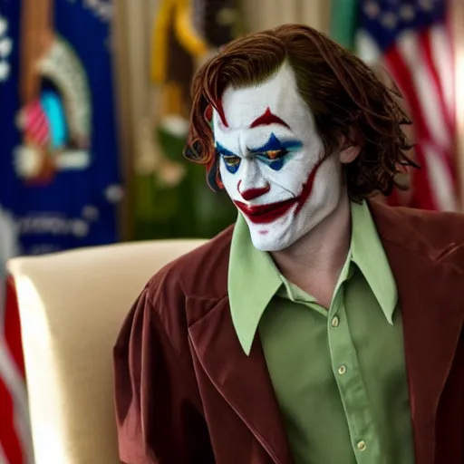 Image similar to joaquin phoenix joker in the oval office