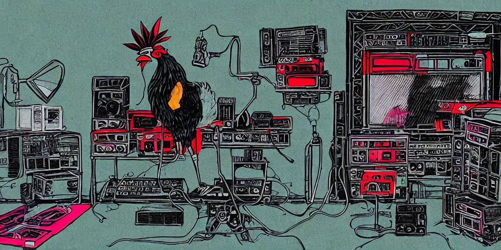 Prompt: 'black rooster'!!! smoking 'cannabis'!!!!!! in front of 'audio console'!!!! and 'multi monitors and projectors'!!!! 'in a hi-tech tv broadcasting studio with red camera rig'!!!!, artwork by James Gilleard