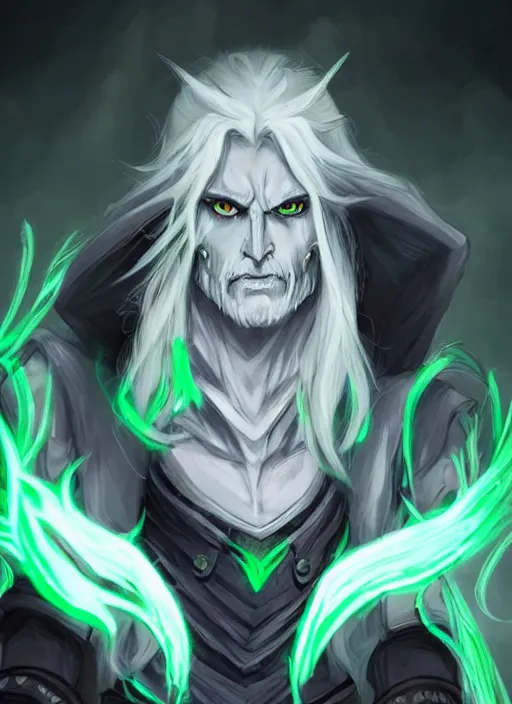 Prompt: dnd character concept of a man eith ash gray skin and long white hair, glowing green eyes, Eldridge green!!!! eyes and energy, Lich demon mage class