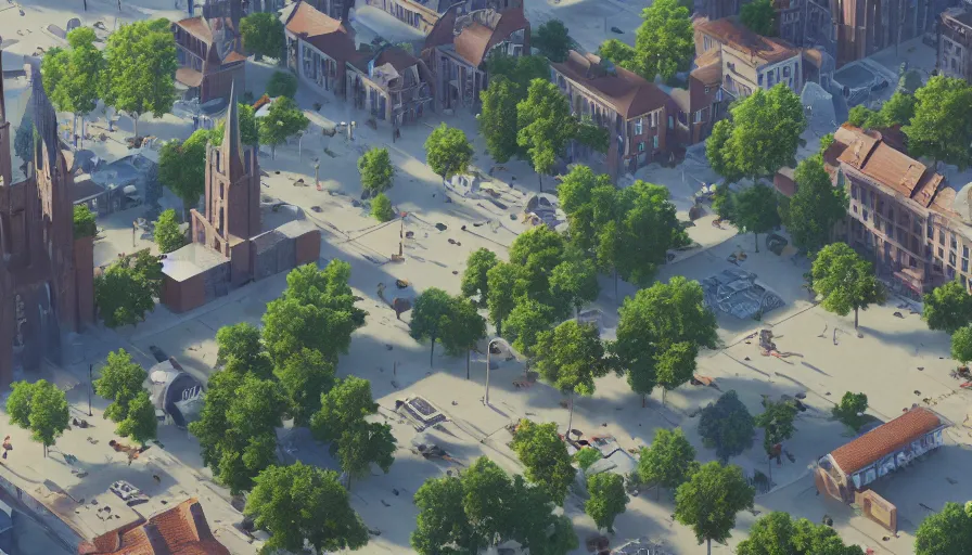 Prompt: small midwest town and city, square, trees, church, sunny day, volumetric light, hyperdetailed, artstation, cgsociety, 8 k