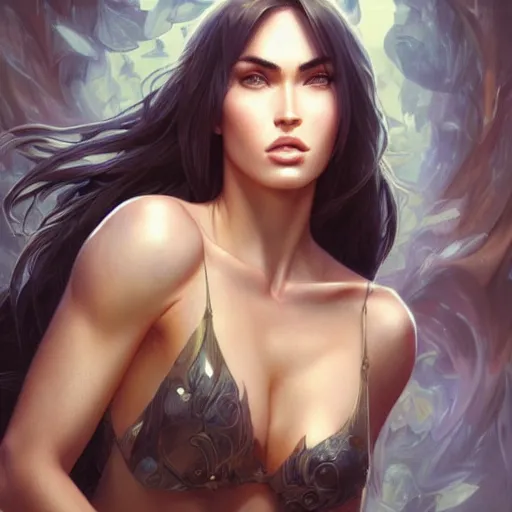 Image similar to ultra realistic illustration, buff megan fox anime, intricate, elegant, highly detailed, digital painting, artstation, concept art, smooth, sharp focus, illustration, art by artgerm and greg rutkowski and alphonse mucha and wlop