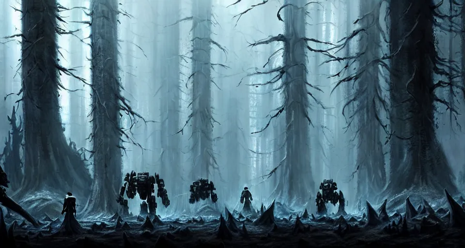 Image similar to giant darkgothic battlemech walking through a grimdark forest, the feeling of dark fantasy magic, hyper realistic sci - fi matte concept art painting, beautiful details, strong composition painted by kim jung guweta studio rutkowski, james gurney and greg rutkowski, and lucasfilm, smooth, intricate, detailed, sharp focus, cinematic