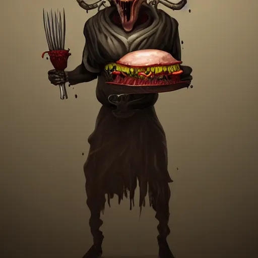 Prompt: a creepy cleaver-headed chef, fantasy art. Dark background, detailed, trending on Artstation