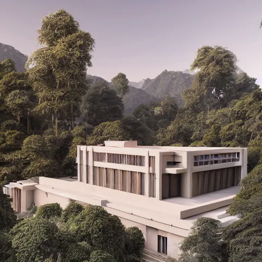 Image similar to modernist beige house inspired by tibetan palace, built like a stadium with garden in the middle, on a hill surrounded by big trees, dramatic lighting, artstation, realistic rendering, unreal engine, octane render, raphael lacoste, simon stalenhag, frank lloyd wright, drone view