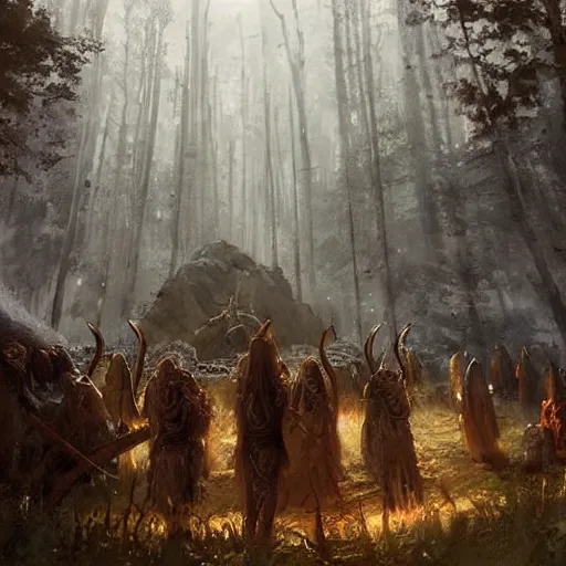 Prompt: ancient viking ceremony where forest spirits and shamans in masks emerge from the twilight woods, epic fantasy style art by craig mullins, fantasy epic digital art, epic fantasy card game art by greg rutkowski