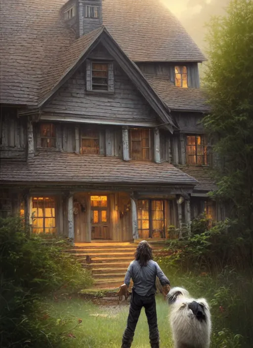 Prompt: highly detailed hyperrealistic painting of a blonde long - haired hillbilly in front of old style house, with his fluffy black and gray australian shepherd, stephen bliss, art by greg rutkowski, loish, rhads, ferdinand knab, makoto shinkai and lois van baarle, tom bagshaw, global illumination, artstation