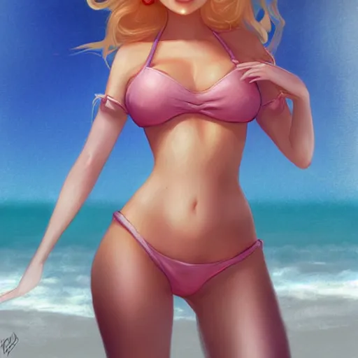 Image similar to beautiful princess peach in a bikini on the beach drawn by charlie bowater