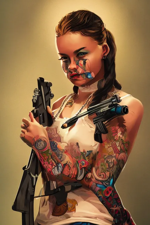 Prompt: painting of a gangster girl with guns, cute face, intricate, highly detailed, digital painting, official media, concept art, rich vivid colors, ambient lighting, sharp focus, illustration