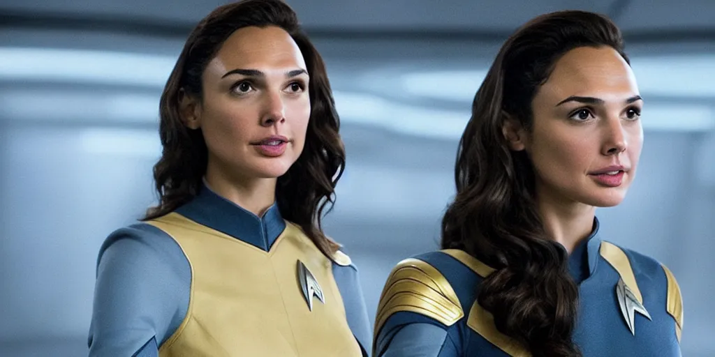 Image similar to Gal Gadot, in full starfleet uniform, is the captain of the starship Enterprise in the new Star Trek movie