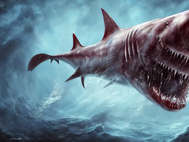 Prompt: dramatic painting of a bloodthirsty horrifying shark underwater in a desolate apocalyptic ocean, hyperrealistic, dark surrealism, digital art, artstation