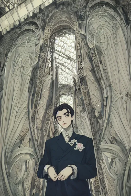 Prompt: Kodak portra 160, 8K, highly detailed, seinen manga 3/4 closeup portrait, eye contact, focus on art nouveau suit, tilt shift background: famous artist in zaha hadid anime remake, flower shop scene