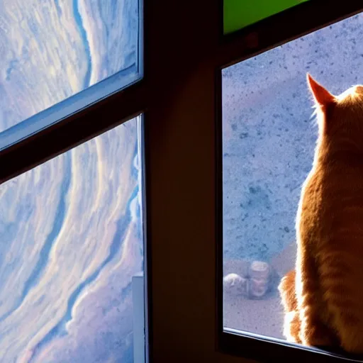 Image similar to cat watching martian landscape, standing inside a futuristic window, next to a food bowl